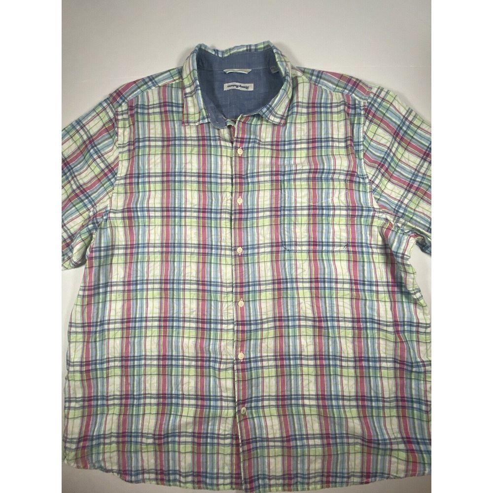 Tommy Bahama Mens Shirt 2XL XXL Pink Blue Plaid Linen Short Sleeve‎ Button Up